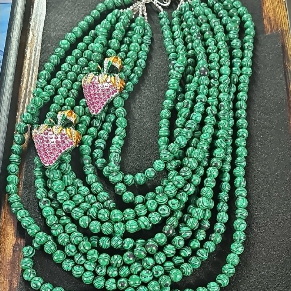 Green Beaded Necklace with Strawberry Charms